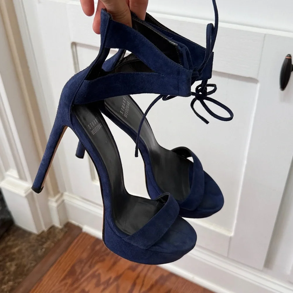 Stuart Weitzman Blue Suede Platform Heels 7.5 Made in Spain Lace-Up Stiletto